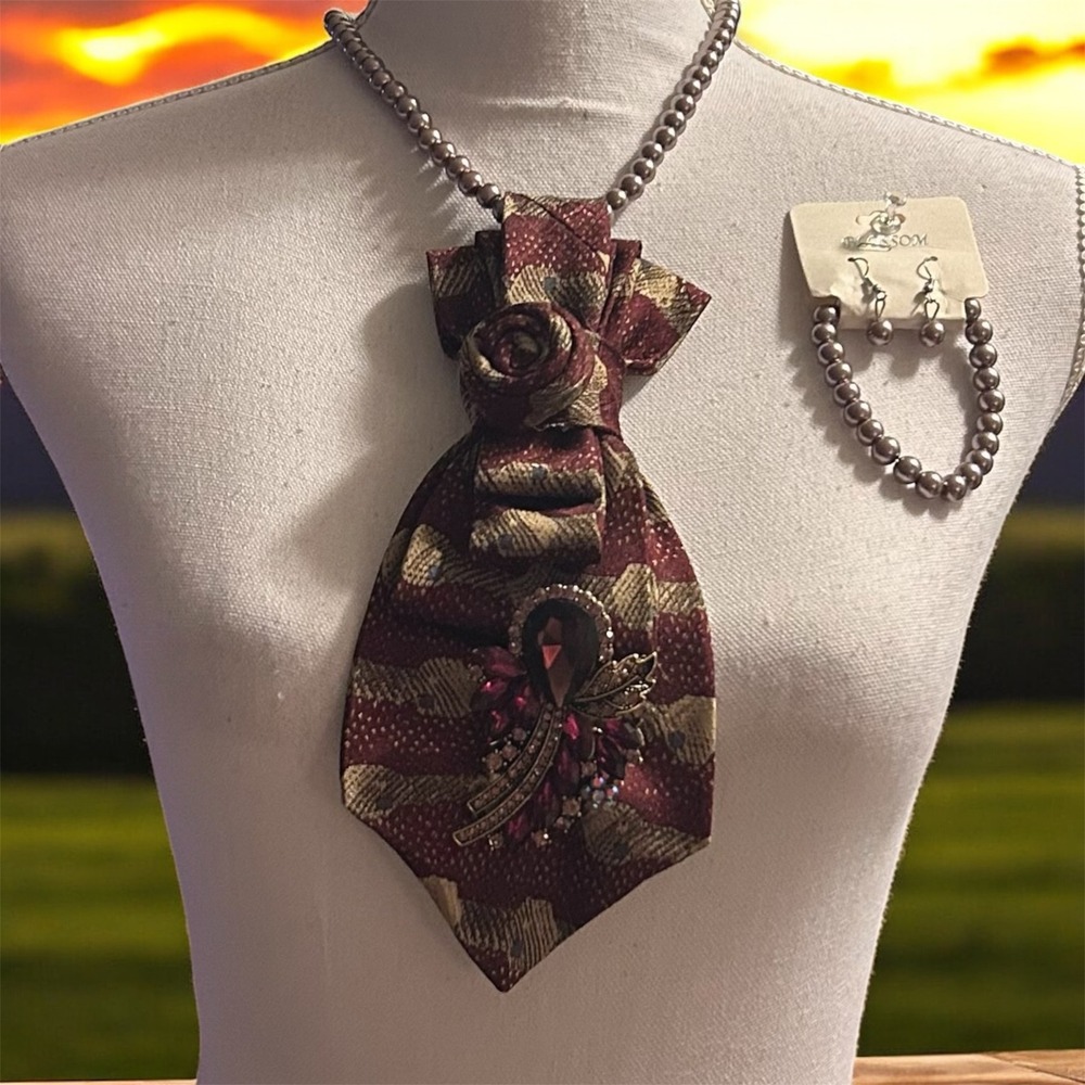 Villa Bugatti Repurposed Silk Tie Necklace Set Brooch Pearl Earrings Bracelet